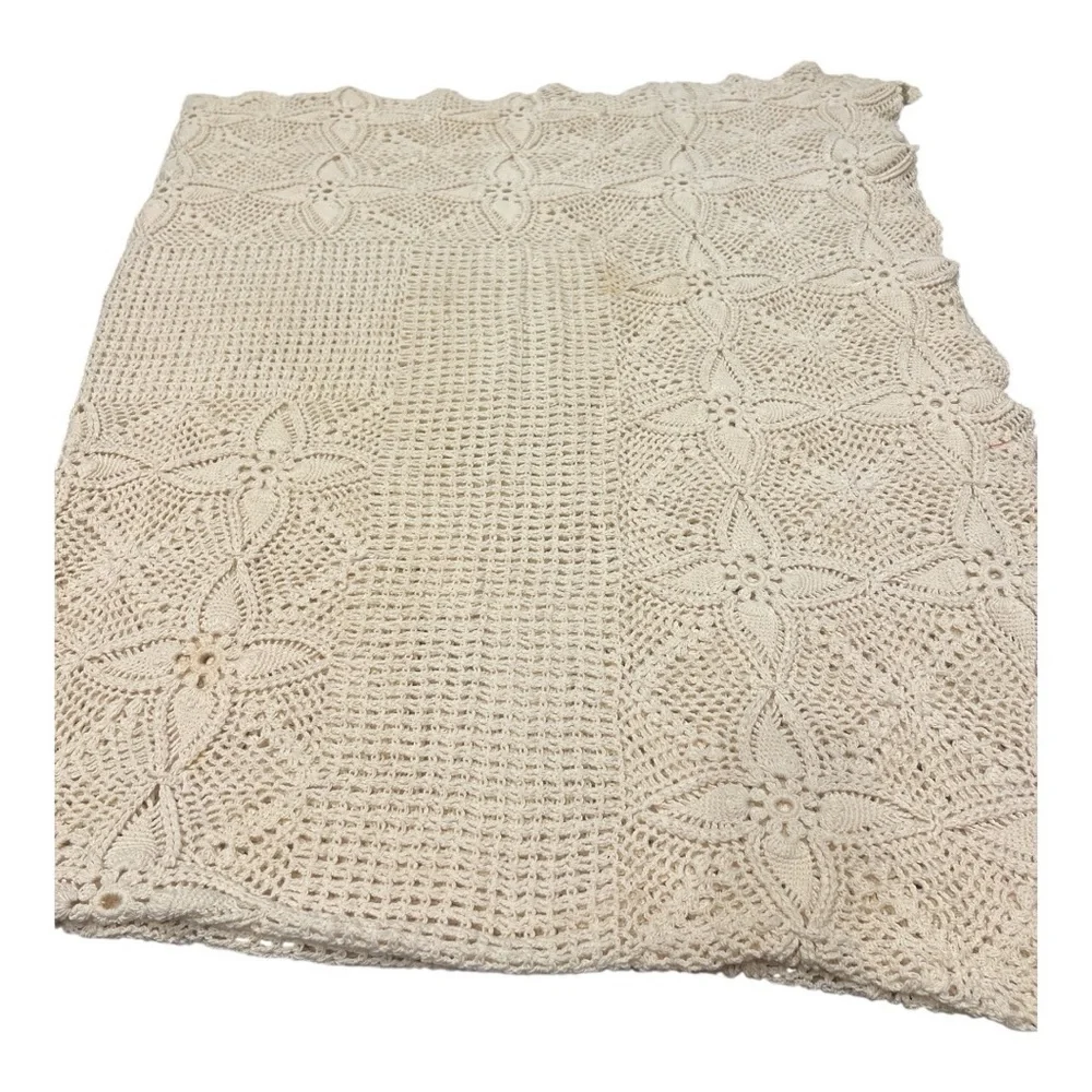 Vintage Hand Crochet & Lace Beige Off-White Bedspread Cottage SHABBY CHIC